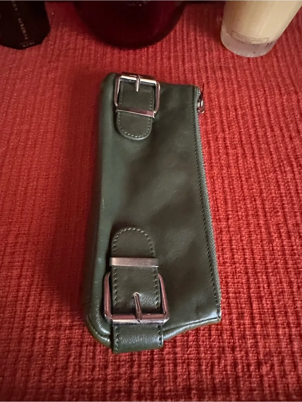 Vintage Green Leather Wristlet Clutch - Sleek Buckle Detail